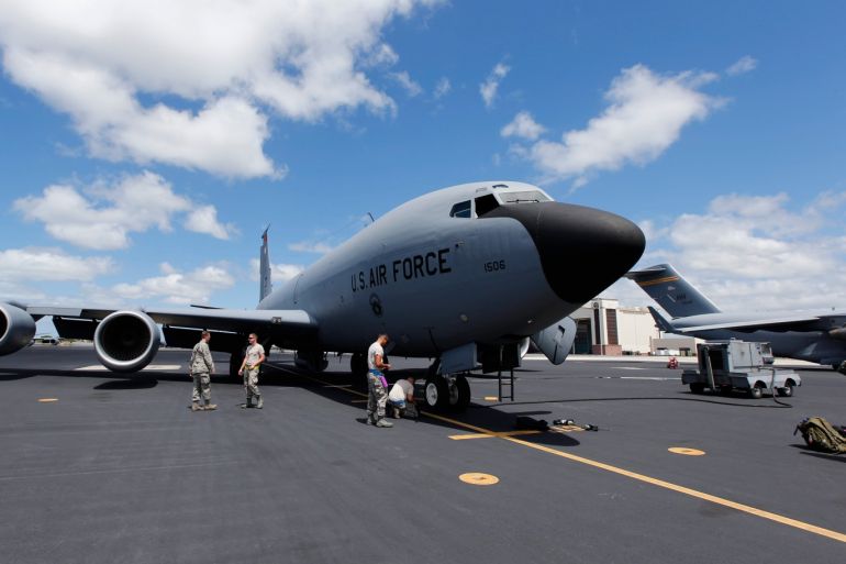 epa04330017 A photo made available 25 July 2014 of a U.S. Air Force KC-135 'Stratotanker' being prepared for a refueling mission in airspace west of the Hawaiian Islands, at the Joint Base Pearl Harbor-Hickam, Hawaii, USA, 23 July 2014, within the 2014 RIMPAC ('Rim of the Pacific') bi-annual military exercise. The 2014 RIMPAC 21 maneuvers gathers an estimated 25,000 military personnel from 22 nations, 49 surface ships, six submarines, more than 200 aircraft for a military exercise in the waters around the Hawaiian islands from 26 June until 01 August 2014. EPA/BRUCE OMORI