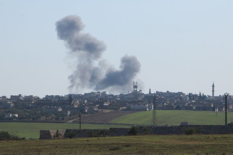 Airstrikes continue to hit Idlib- - IDLIB, SYRIA - DECEMBER 17: Smoke rises after warplanes belonging to Assad Regime hit Ma'saran village in Idlib, de-escalation zone, Syria on December 17, 2019. At least 22 civilians were killed in airstrikes.