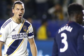 CARSON, CALIFORNIA - JUNE 02: Zlatan Ibrahimovic #9 of Los Angeles Galaxy reacts after scoring a game during the second half of a game against the New England Revolution at Dignity Health Sports Park on June 02, 2019 in Carson, California. Katharine Lotze/Getty Images/AFP== FOR NEWSPAPERS, INTERNET, TELCOS & TELEVISION USE ONLY ==