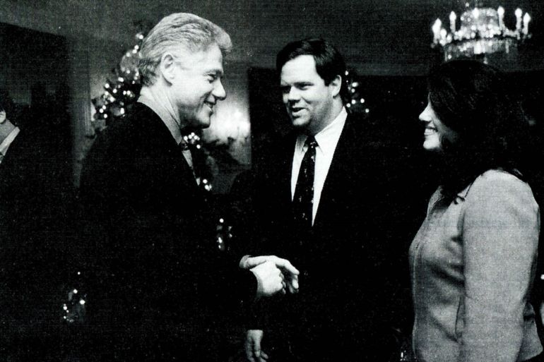 A photograph showing former White House intern Monica Lewinsky meeting President Bill Clinton at a White House Christmas part December 16, 1996 submitted as evidence in documents by the Starr investigation and released by the House Judicary committee September 21, 1998.