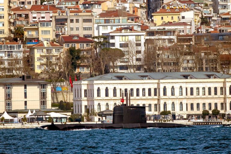 Turkish Battleships pass Bosphorus- - ISTANBUL, TURKEY - MARCH 09: A submarine of Turkish Naval Forces, which took part in the Blue Homeland 2019 Drill, passes Bosphorus in Istanbul, Turkey on March 09, 2019.