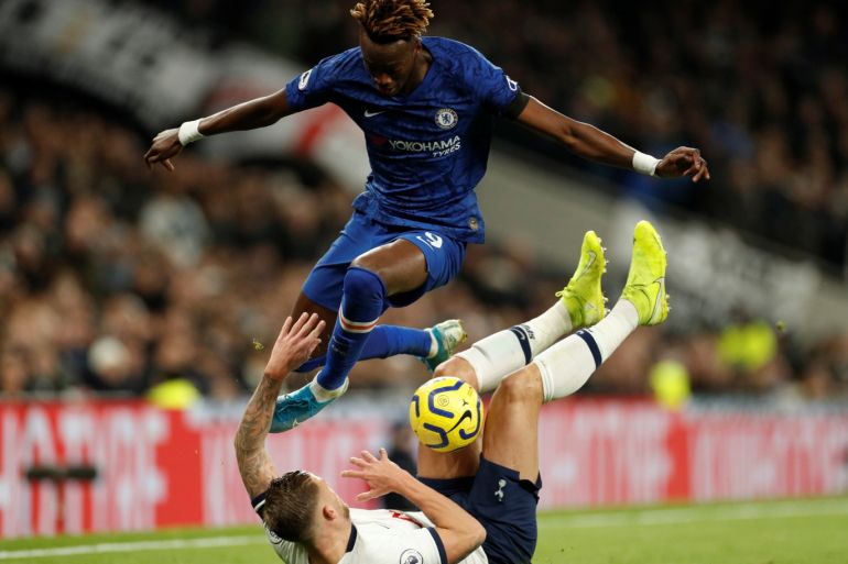 Soccer Football - Premier League - Tottenham Hotspur v Chelsea - Tottenham Hotspur Stadium, London, Britain - December 22, 2019 Chelsea's Tammy Abraham in action with Tottenham Hotspur's Toby Alderweireld Action Images via Reuters/John Sibley EDITORIAL USE ONLY. No use with unauthorized audio, video, data, fixture lists, club/league logos or