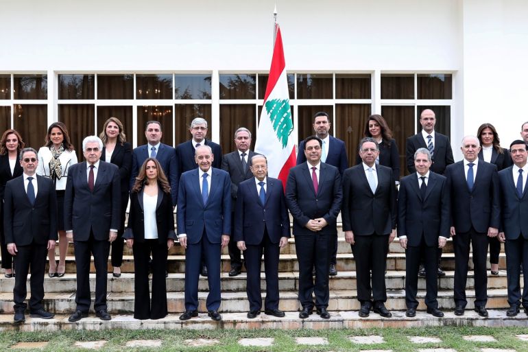 Members of the new Lebanese government pose for a picture at the presidential palace in Baabda, Lebanon January 22, 2020. Dalati Nohra/Handout via REUTERS ATTENTION EDITORS - THIS IMAGE WAS PROVIDED BY A THIRD PARTY
