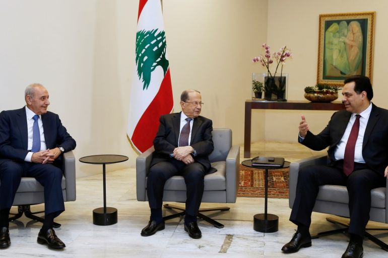Designated Prime Minister Hassan Diab meets with Lebanon's President Michel Aoun and Lebanese Speaker of the Parliament Nabih Berri at the presidential palace in Baabda, Lebanon Janaury 21, 2020. REUTERS/Mohamed Azakir