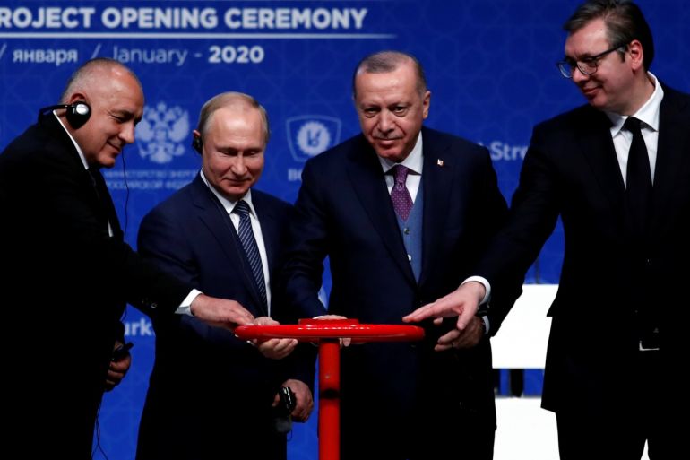 Turkish President Tayyip Erdogan, Russian President Vladimir Putin, Bulgarian Prime Minister Boyko Borissov and Serbia's President Aleksandar Vucic attend a ceremony marking the formal launch of the TurkStream pipeline which will carry Russian natural gas to southern Europe through Turkey, in Istanbul, Turkey, January 8, 2020. REUTERS/Umit Bektas