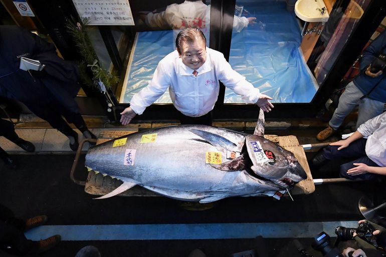 Kiyoshi Kimura, president of Kiyomura Corp., operator of Japanese sushi chain Sushizanmai, poses with a bluefin tuna that was auctioned for 193 million Japanese yen (about $1.8 million) in Tokyo, Japan January 5, 2020. Mandatory credit Kyodo/via REUTERS ATTENTION EDITORS - THIS IMAGE WAS PROVIDED BY A THIRD PARTY. MANDATORY CREDIT. JAPAN OUT. NO COMMERCIAL OR EDITORIAL SALES IN JAPAN.?