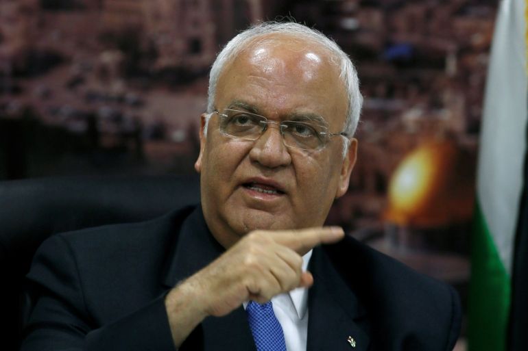 Chief Palestinian negotiator Saeb Erekat gestures during a news conference in Ramallah in the occupied West Bank June 24, 2018. REUTERS/Mohamad Torokman