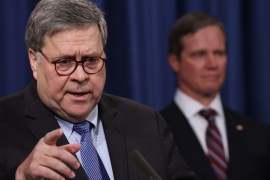 WASHINGTON, DC - JANUARY 13: U.S. Attorney General William Barr speaks during a press conference on the shooting at the Pensacola naval base January 13, 2020 in Washington, DC. Barr said the Justice Departments investigation determined the shooting