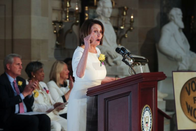 U.S. House Speaker Nancy Pelosi (D-CA) delivers remarks at a reception honoring the 100th anniversary of House passage of the 19th Amendment granting women the right to vote, at the U.S. Capitol in Washington, U.S. May 21, 2019. REUTERS/Jonathan Ernst