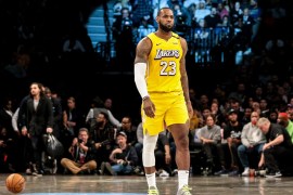 Jan 23, 2020; Brooklyn, New York, USA; Los Angeles Lakers forward LeBron James (23) walks on the court during a time out in the second half against Brooklyn Nets at Barclays Center. Mandatory Credit: Vincent Carchietta-USA TODAY Sports