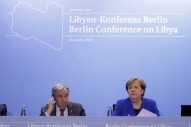 U.N. Envoy for Libya Ghassan Salame, United Nations Secretary-General Antonio Guterres, Germany's Chancellor Angela Merkel and Germany's Foreign Minister Heiko Maas attend a news conference after the Libya summit in Berlin, Germany, January 19, 2020. REUTERS/Axel Schmidt/Pool