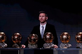 Soccer Football - The Ballon d’Or awards - Theatre du Chatelet, Paris, France - December 2, 2019  Barcelona's Lionel Messi with his six Ballon d'Or trophies   REUTERS/Christian Hartmann     TPX IMAGES OF THE DAY