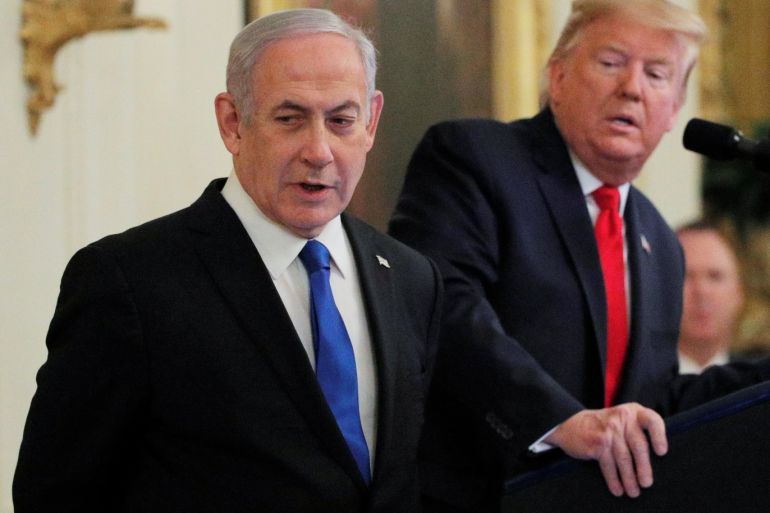 U.S. President Donald Trump and Israel's Prime Minister Benjamin Netanyahu discuss a Middle East peace plan proposal during a joint news conference in the East Room of the White House in Washington, U.S., January 28, 2020. REUTERS/Brendan McDermid