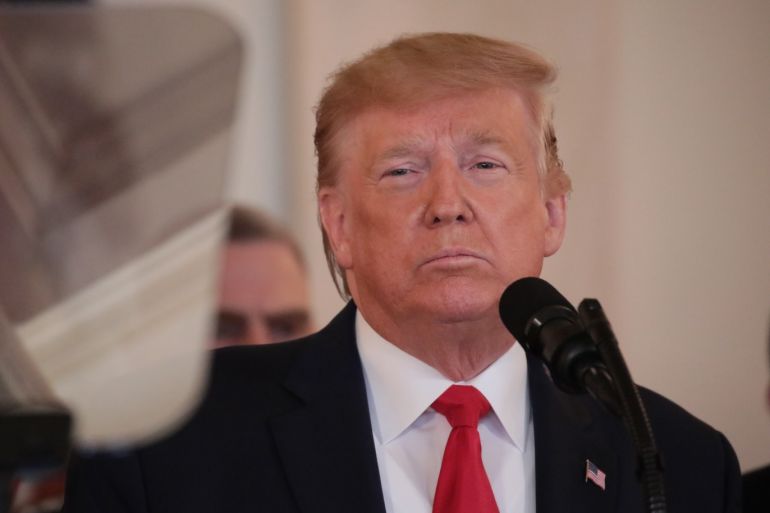 US President Donald Trump press conference- - WASHINGTON DC, USA - JANUARY 8: US President Donald Trump speaks about the situation with Iran in the Grand Foyer of the White House in Washington DC, United States ,on January 8, 2020.
