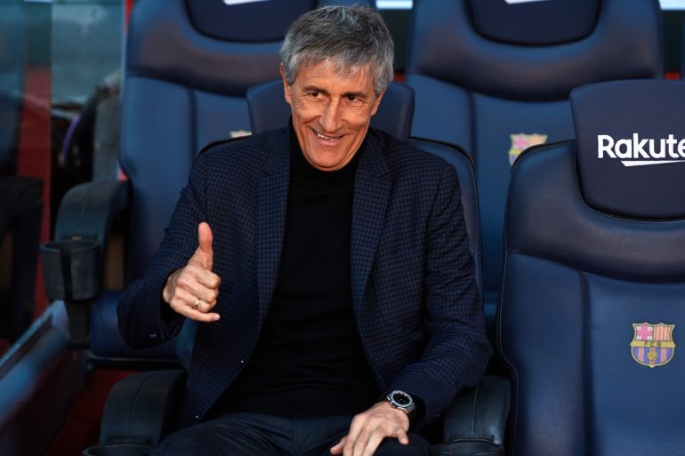 BARCELONA, SPAIN - JANUARY 14: FC Barcelona Head Coach Quique Setien sits on the bench and poses for the media as he is unveiled as new FC Barcelona Coach at Camp Nou on January 14, 2020 in Barcelona, Spain. (Photo by Alex Caparros/Getty Images)