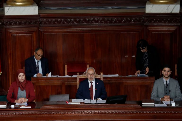 epa07993000 Co-founder of the Ennahdha Party and Member of the Parliament Rached Ghannouchi (C) chairs the first session of the parliament as the oldest member in Tunis, Tunisia, 13 November 2019. New members of the Parliament elected in the 06...