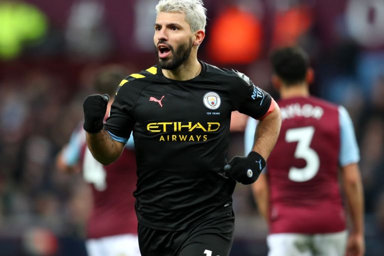 BIRMINGHAM, ENGLAND - JANUARY 12: Sergio Aguero of Manchester CIty celebrates after he scores his sides fifth goal during the Premier League match between Aston Villa and Manchester City at Villa Park on January 12, 2020 in Birmingham, United Kingdom. (Photo by Catherine Ivill/Getty Images)