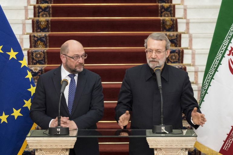 Iran's parliament speaker Ali Larijani (R) gestures as he speaks during a joint news conference with European Parliament President Martin Schulz, in Tehran November 7, 2015. REUTERS/Raheb Homavandi/TIMA ATTENTION EDITORS - THIS IMAGE WAS PROVIDED BY A THIRD PARTY. FOR EDITORIAL USE ONLY. TPX IMAGES OF THE DAY