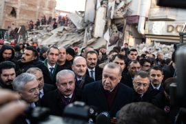 ELAZIG, TURKEY - JANUARY 25: Turkish President Recep Tayyip Erdogan speaks to the press as he visits the earthquake site on January 25, 2020 in Elazig, Turkey. The 6.8-magnitude earthquake injured more than 1000 people and left some 30 trapped in the wreckage of toppled buildings. Turkey sits on top of two major fault-lines and earthquakes are frequent in the country. (Photo by Burak Kara/Getty Images)