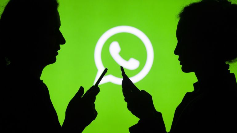 Digital Applications- - ANKARA, TURKEY - JULY 18 : Silhouettes of people holding mobile phones in front of the logo of WhatsApp application in Ankara, Turkey on July 18, 2018.