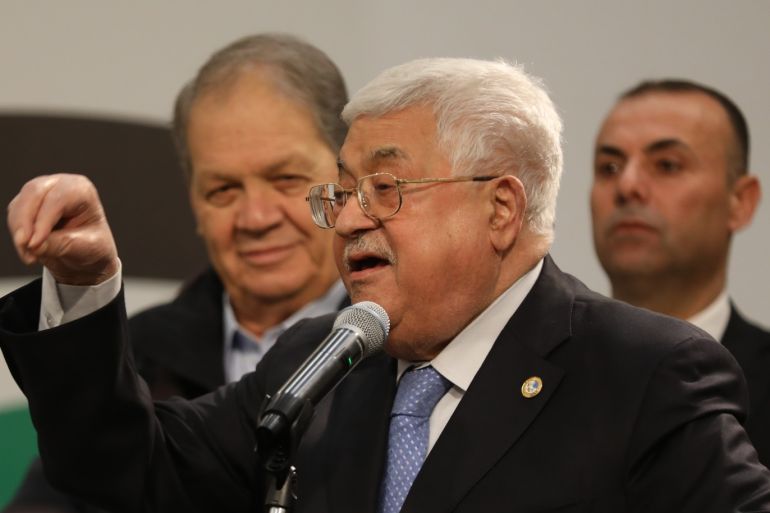 epa08096491 Palestinian President Mahmoud Abbas speaks at a ceremony marking the 55th foundation anniversary of the Fatah movement in the West Bank city of Ramallah, 31 December 2019. EPA-EFE/ALAA BADARNEH