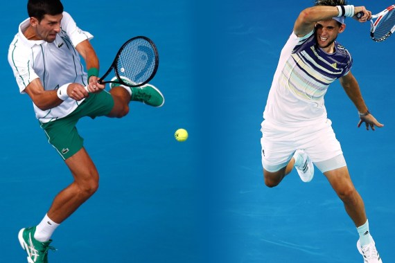 FILE PHOTO (EDITORS NOTE: COMPOSITE OF IMAGES - Image numbers 1201088390,1202717318 - GRADIENT ADDED) In this composite image a comparison has been made between Novak Djokovic of Serbia and Dominic Thiem of Austria. They will play each other in the Australian Open Men's Final on February 2,2020 at Melbourne Park in Melbourne,Australia. ***LEFT IMAGE*** MELBOURNE, AUSTRALIA - JANUARY 22: Novak Djokovic of Serbia plays a backhand during his Men's Singles second round match against Tatsuma Ito of Japan on day three of the 2020 Australian Open at Melbourne Park on January 22, 2020 in Melbourne, Australia. (Photo by Darrian Traynor/Getty Images) ***RIGHT IMAGE*** MELBOURNE, AUSTRALIA - JANUARY 29: Dominic Thiem of Austria plays a forehand during his Men’s Singles Quarterfinal match against Rafael Nadal of Spain on day ten of the 2020 Australian Open at Melbourne Park on January 29, 2020 in Melbourne, Australia. (Photo by Clive Brunskill/Getty Images)