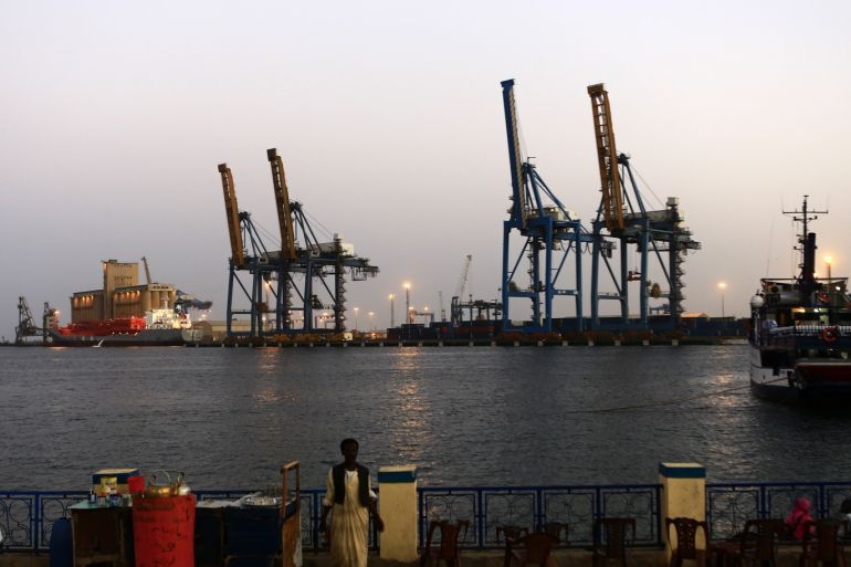 A man stands opposite the modern port at the harbour in Port Sudan at Red Sea State February 24, 2014. REUTERS/Mohamed Nureldin Abdallah (SUDAN - Tags: BUSINESS EMPLOYMENT)