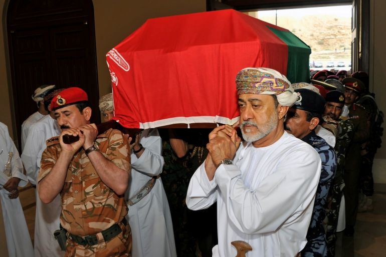 Oman's newly sworn-in Sultan Haitham bin Tariq al-Said carries the coffin of his cousin, the late Sultan Qaboos, during the funeral in Muscat, Oman January 11, 2020. REUTERS/Sultan Al Hasani