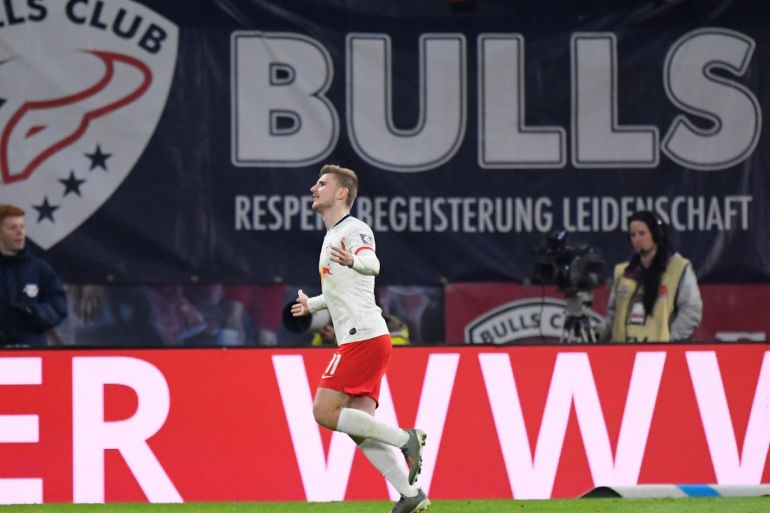 Soccer Football - Bundesliga - RB Leipzig v Union Berlin - Red Bull Arena, Leipzig, Germany - January 18, 2020 RB Leipzig's Timo Werner celebrates scoring their third goal REUTERS/Matthias Rietschel DFL regulations prohibit any use of photographs as image sequences and/or quasi-video
