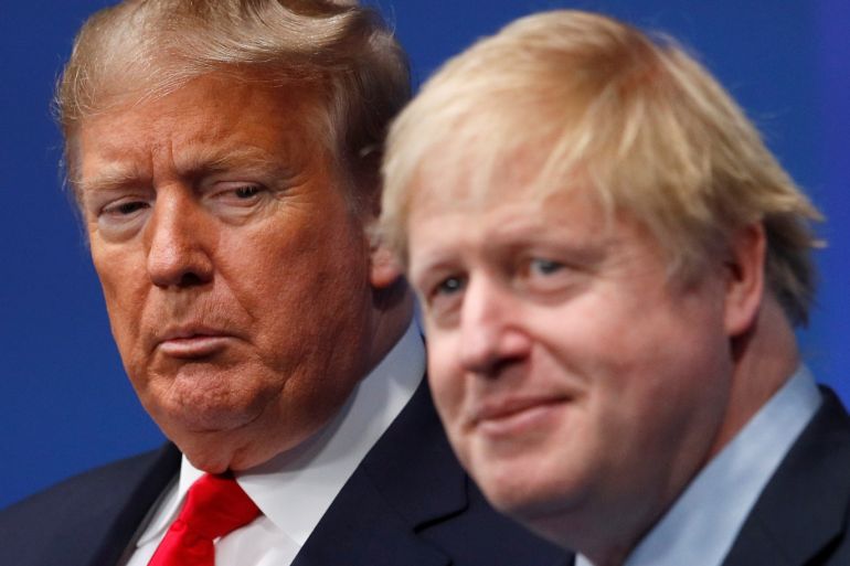 Britain's Prime Minister Boris Johnson and U.S. President Donald Trump attend at the NATO leaders summit in Watford, Britain December 4, 2019. REUTERS/Peter Nicholls/Pool