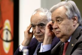 U.N. Envoy for Libya Ghassan Salame and United Nations Secretary-General Antonio Guterres attend a news conference after the Libya summit in Berlin, Germany, January 19, 2020. Michael Kappeler/Pool via Reuters