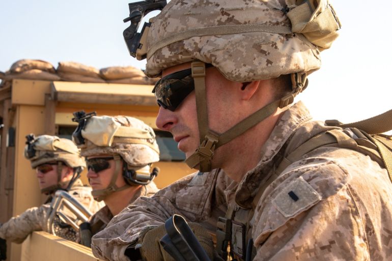 U.S. Marines with 2nd Battalion, 7th Marines, assigned to the Special Purpose Marine Air-Ground Task Force-Crisis Response-Central Command (SPMAGTF-CR-CC) 19.2, provide security at the U.S. embassy compound in Baghdad, Iraq, January 3, 2020. U.S. Marine Corps/Sgt. Kyle C. Talbot/Handout via REUTERS. ATTENTION EDITORS - THIS IMAGE HAS BEEN SUPPLIED BY A THIRD PARTY.