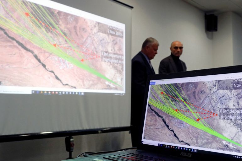 A map of flight PS-752's departure paths is seen on a computer screen at a news briefing about the crash of the Boeing 737-800 plane, flight PS-752, on the outskirts of Tehran, at the Boryspil International Airport, outside Kiev, Ukraine January 11, 2020. REUTERS/Valentyn Ogirenko