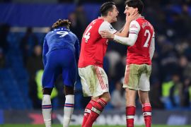 LONDON, ENGLAND - JANUARY 21: Granit Xhaka of Arsenal speaks to Hector Bellerin of Arsenal after the Premier League match between Chelsea FC and Arsenal FC at Stamford Bridge on January 21, 2020 in London, United Kingdom. (Photo by Shaun Botterill/Getty Images)