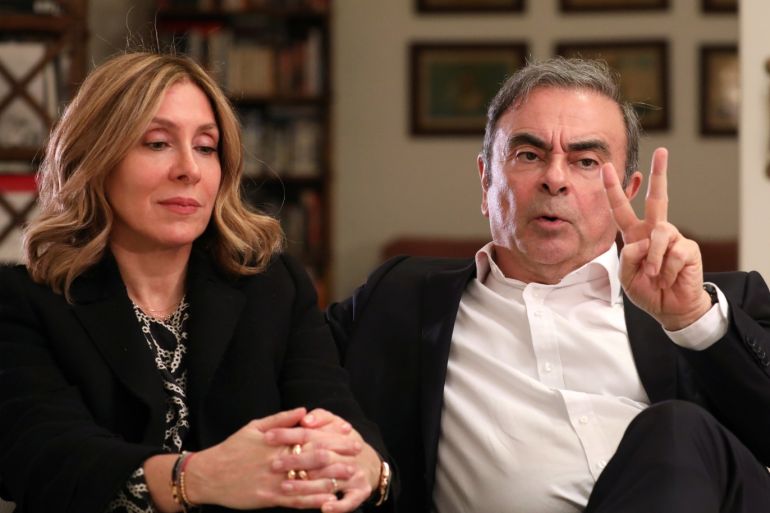 Former Nissan chairman Carlos Ghosn and his wife Carole Ghosn talk during an interview with Reuters in Beirut, Lebanon January 14, 2020. REUTERS/Mohamed Azakir