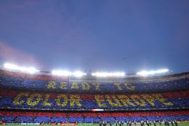 Soccer Football - Champions League Semi Final First Leg - FC Barcelona v Liverpool - Camp Nou, Barcelona, Spain - May 1, 2019 General view of Barcelona fans holding up banners to form a tifo before the match REUTERS/Albert Gea