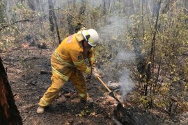 A volunteer from the New South Wales Rural Fire Service works to extinguish spot fires following back burning operations in Mount Hay, in Australia’s Blue Mountains, December 28, 2019. Picture taken December 28, 2019. REUTERS/Jill Gralow