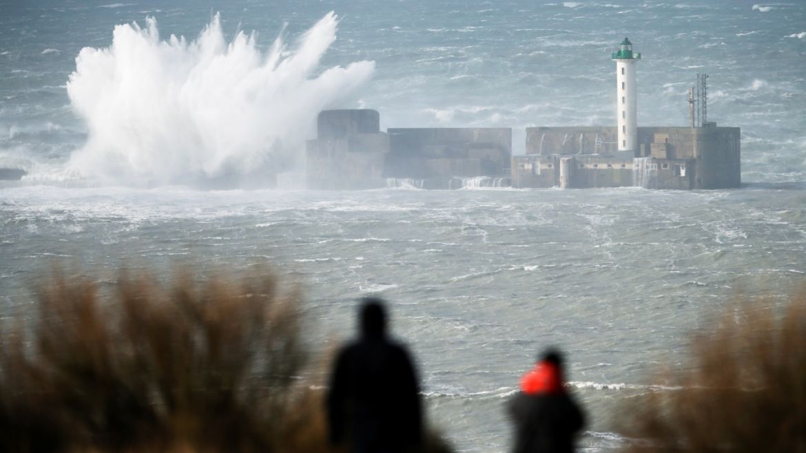 Waves crash near a lighthouse during Storm Ciara at Boulogne sur Mer, France, February 10, 2020.  REUTERS/Pascal Rossignol