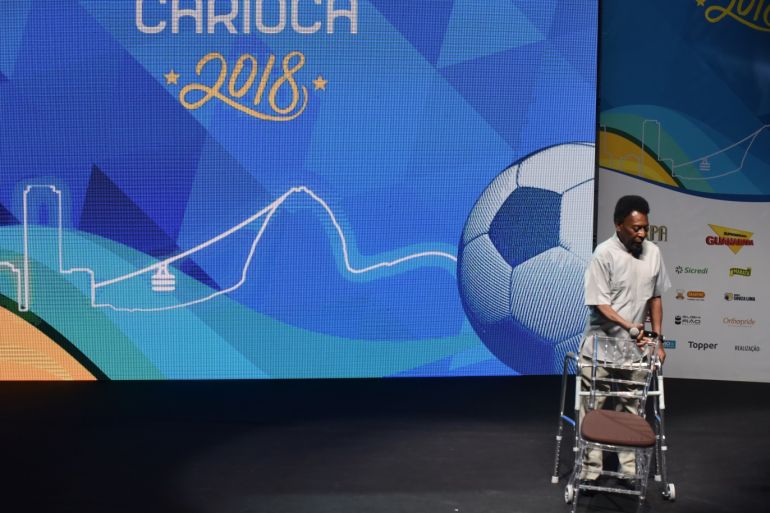 Pele the king of football in Rio de Janeiro Brazil- - RIO DE JANEIRO, BRAZIL - JANUARY 15: Edson Arantes do Nascimento, known in the World by the nickname of Pele, uses a walker to stand on stage, during the opening event of the 2018 Carioca Football Championship at Cidade das Artes in Rio de Janeiro, Brazil, on January 15, 2018. Pele was named Ambassador of the Carioca Championship, Regional Tournament with clubs of the city.