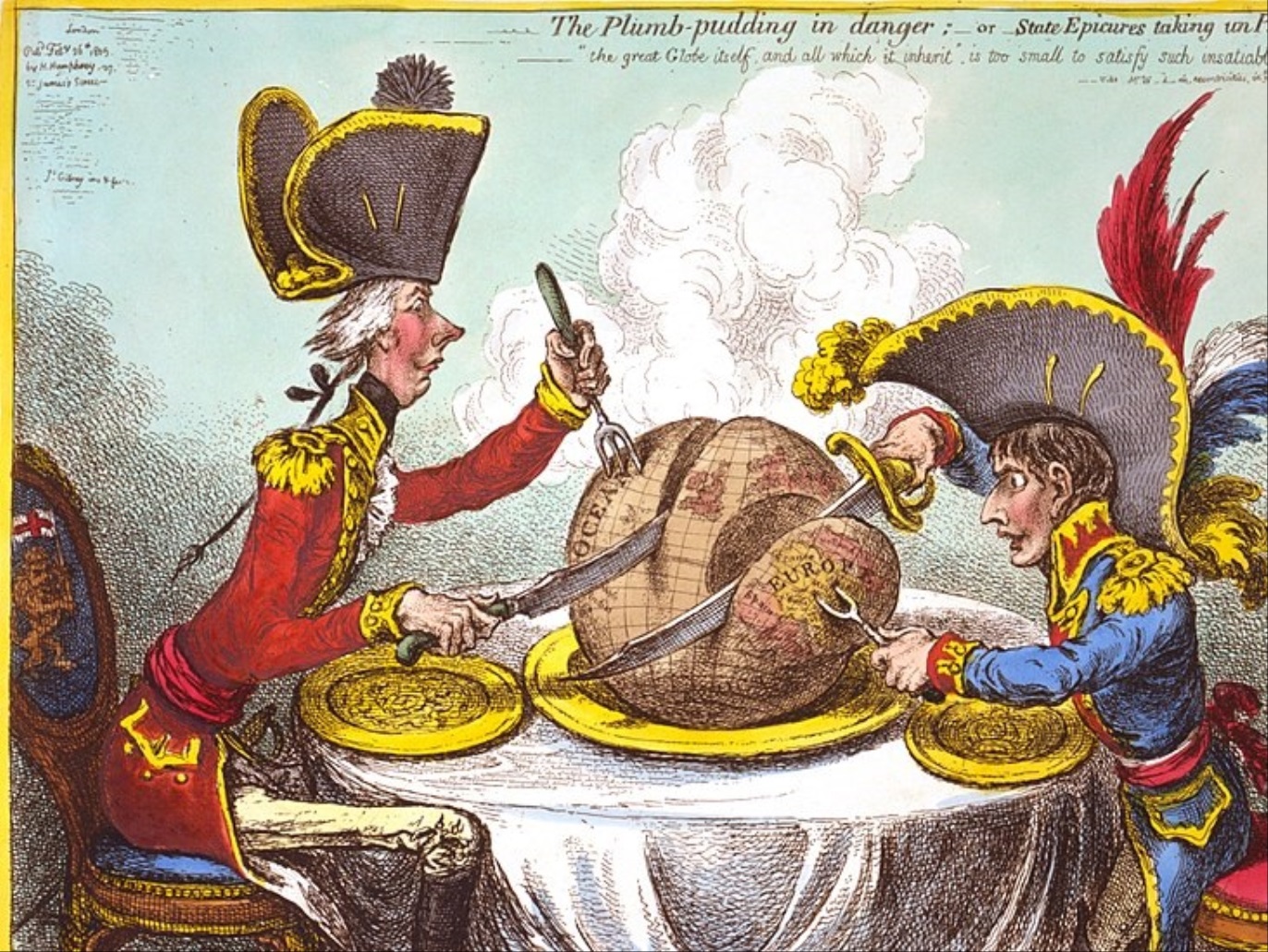 ‪لوحة تظهر تقاسم العالم بين الجنرال الإنجليزي ويليام بيت والإمبراطور الفرنسي نابليون في غضون حرب الأعوام السبعة‬ (ويكي كومنز)