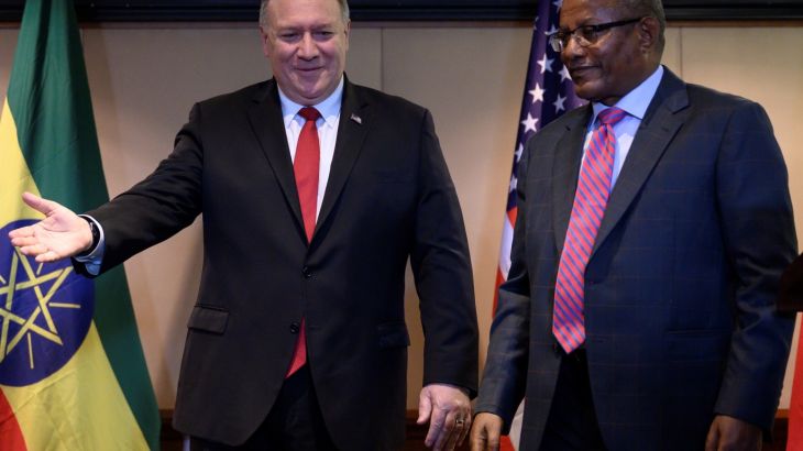 U.S. Secretary of State Mike Pompeo holds a joint news conference with Ethiopian Minister of Foreign Affairs Gedu Andargachew at the Sheraton Hotel in Addis Ababa, Ethiopia February 18, 2020. Andrew Caballero-Reynolds/Pool via REUTERS