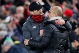 Soccer Football - Premier League - Liverpool v Manchester City - Anfield, Liverpool, Britain - November 10, 2019 Liverpool manager Juergen Klopp with Manchester City manager Pep Guardiola at the end of the match Action Images via Reuters/Carl Recine EDITORIAL USE ONLY. No use with unauthorized audio, video, data, fixture lists, club/league logos or