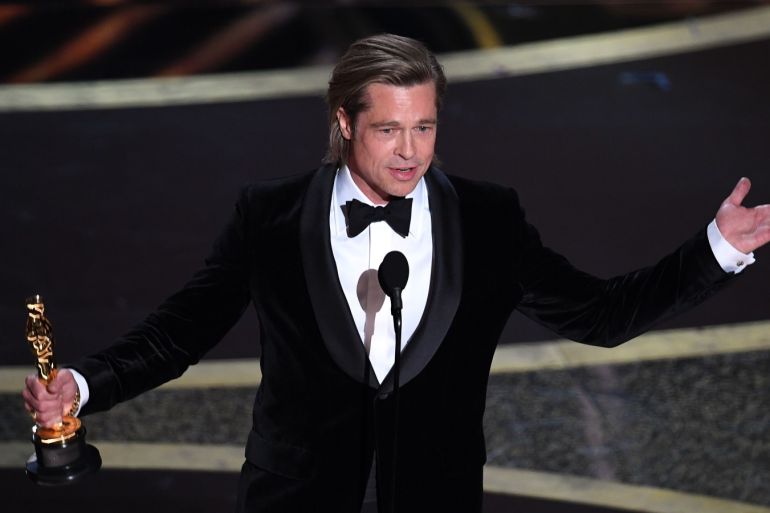 HOLLYWOOD, CALIFORNIA - FEBRUARY 09: Brad Pitt accepts the Actor in a Supporting Role award for 'Once Upon a Time...in Hollywood' onstage during the 92nd Annual Academy Awards at Dolby Theatre on February 09, 2020 in Hollywood, California.   Kevin Winter/Getty Images/AFP== FOR NEWSPAPERS, INTERNET, TELCOS & TELEVISION USE ONLY ==