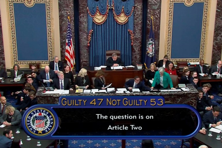 U.S. senators cast their votes on the second article of impeachment obstruction of Congress during the final votes in the Senate impeachment trial of U.S. President Donald Trump in this frame grab from video shot in the Senate Chamber at the U.S. Capitol in Washington, U.S., February 5, 2020. U.S. Senate TV/Handout via Reuters