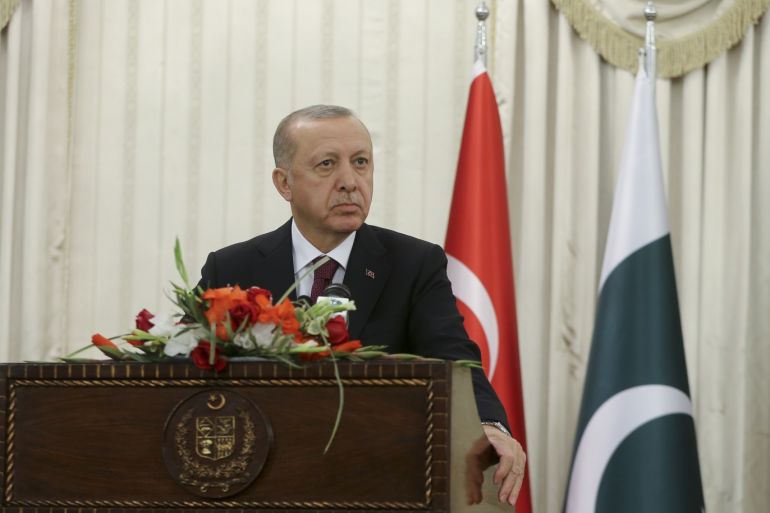 Recep Tayyip Erdogan - Imran Khan joint press conference in Pakistan- - ISLAMABAD, PAKISTAN - FEBRUARY 14: Turkish President Recep Tayyip Erdogan and Pakistani Prime Minister Imran Khan (not seen) hold a joint press conference following their meeting in Islamabad, Pakistan on February 14, 2020.