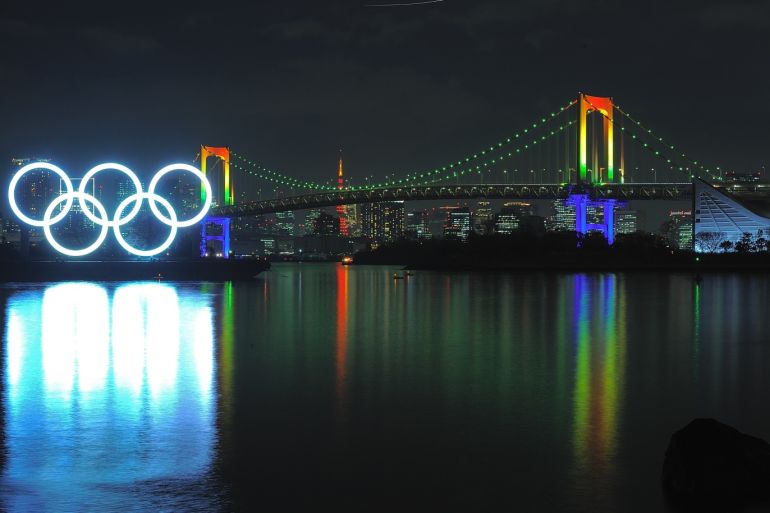 Commemorative event 6 Months ahead of Tokyo Olympic Games- - TOKYO, JAPAN - JANUARY 24: The Olympic rings are illuminated for the first time to mark 6 months to go to the Olympic games at Odaiba Marine Park on January 24, 2020 in Tokyo, Japan.