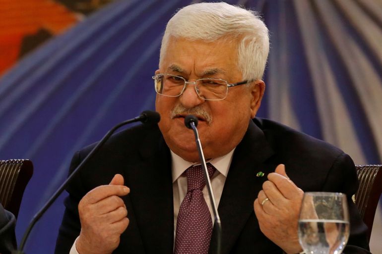 Palestinian President Mahmoud Abbas gestures as he delivers a speech following the announcement by the U.S. President Donald Trump of the Mideast peace plan, in Ramallah in the Israeli-occupied West Bank January 28, 2020. picture taken January 28, 2020. REUTERS/Raneen Sawafta