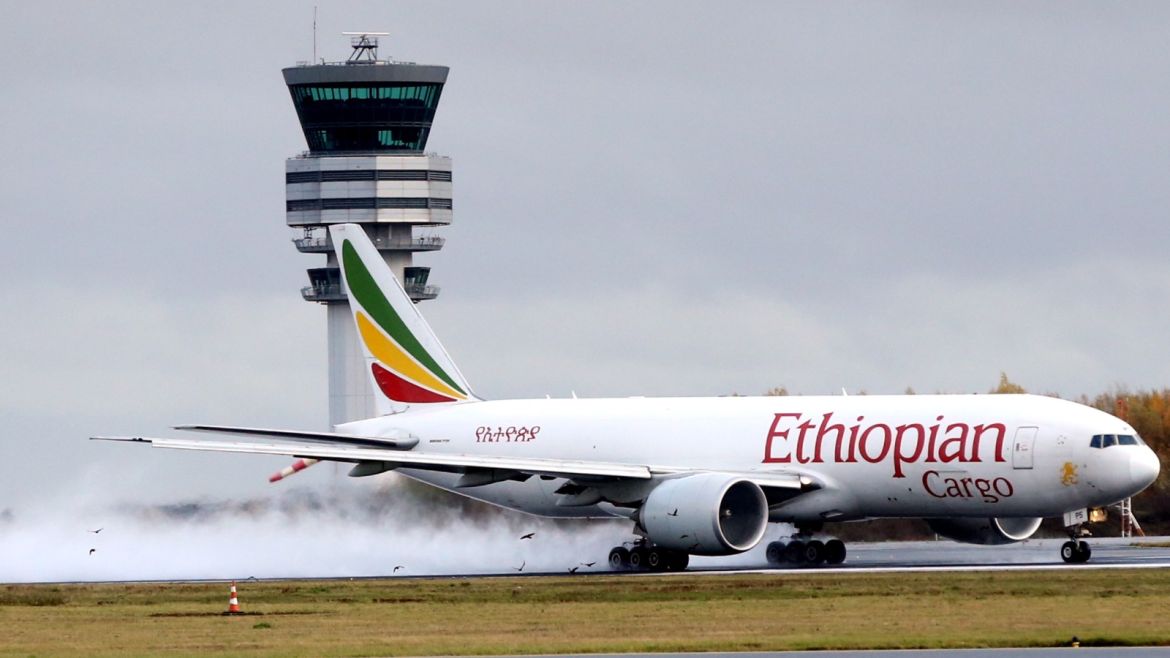 Storm ‘Ciara’ caused delays at Brussels Airport - - BRUSSELS, BELGIUM - FEBRUARY 9: Ethiopian Cargo plane is seen at Brussels Airport as storm 'Ciara' and its strong winds effect the activity at the airport, in Brussels, Belgium on February 9, 2020.  Some 60 flights departing or arriving at Brussels Airport have been cancelled as a precaution, according to an airport spokesman.