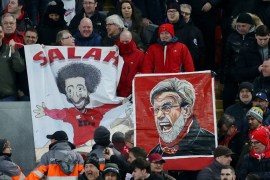 Soccer Football - Premier League - Liverpool v Southampton - Anfield, Liverpool, Britain - February 1, 2020 Liverpool fans displays banners of Mohamed Salah and manager Juergen Klopp Action Images via Reuters/Carl Recine EDITORIAL USE ONLY. No use with unauthorized audio, video, data, fixture lists, club/league logos or