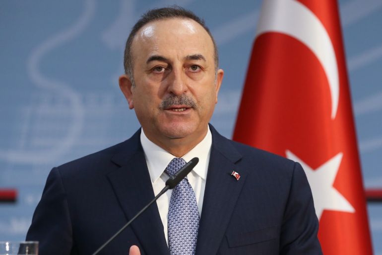 Turkish foreign minister visits Albania- - TIRANA, ALBANIA - FEBRUARY 12: Minister of Foreign Affairs of Turkey, Mevlut Cavusoglu and Deputy Minister of Foreign Affairs of Albania, Gent Cakaj (not seen) hold a joint press conference after their meeting in Tirana, Albania on February 12, 2020.